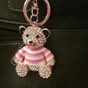 Sparkling Teddy Bear Keychain/Bag Charm with Pink Stripes